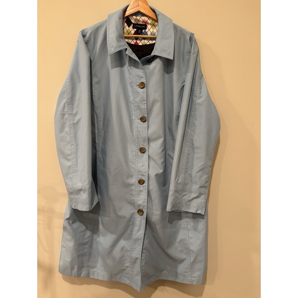 Lands End Women's Light Blue Long Spring Coat Buttons Trench Size XL 18-20
